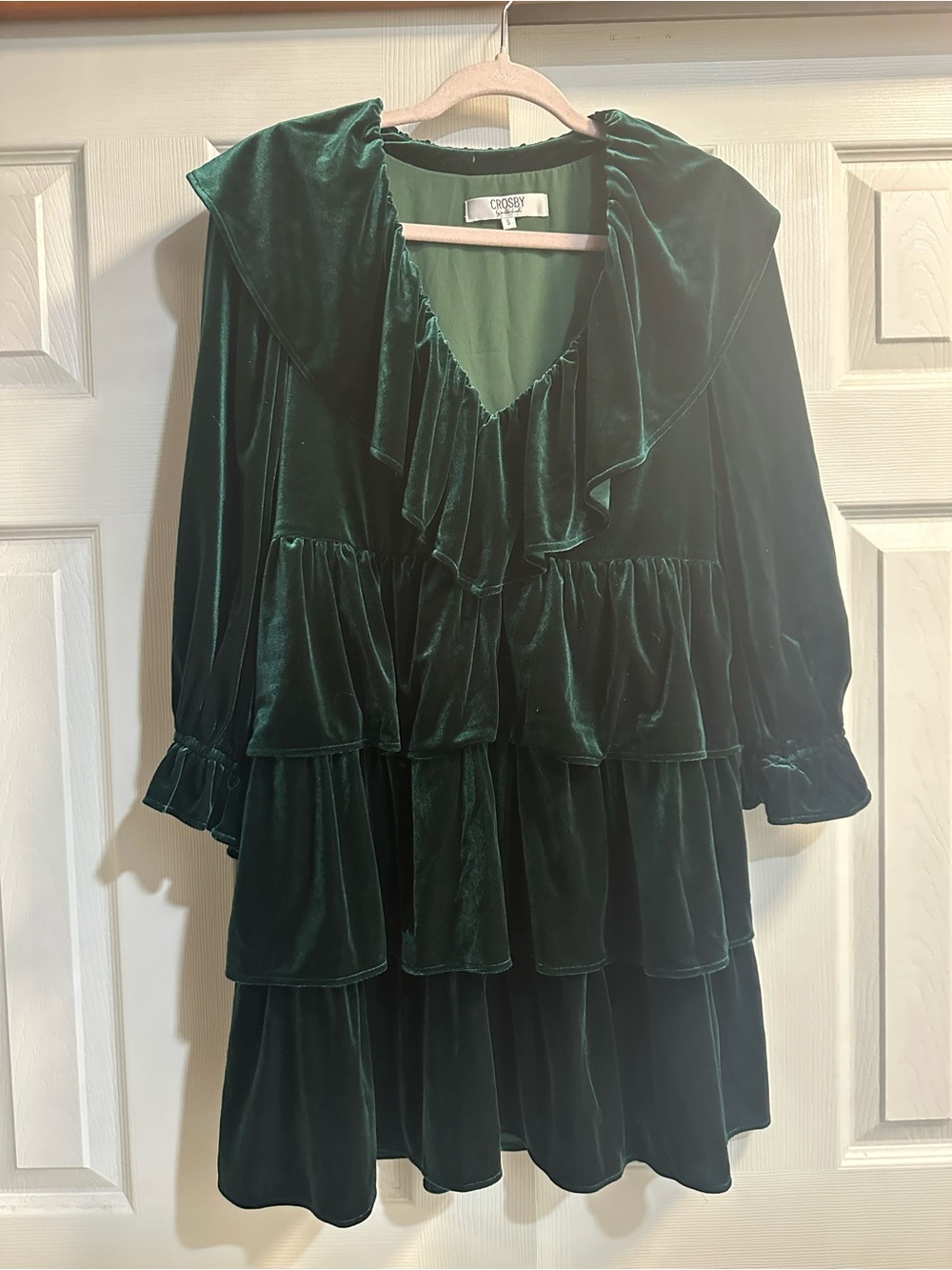 CROSBY by Mollie Burch Emerald Green Velvet Tiered Ruffle Dress
